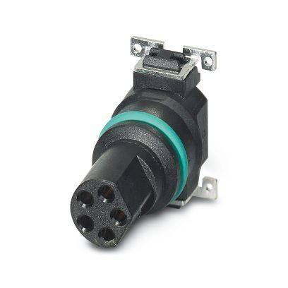 Schwarzer kreisförmiger 4-poliger Elektrostecker mit Metallmontagelaschen und grünem Dichtungsring, dargestellt auf weißem Hintergrund.
