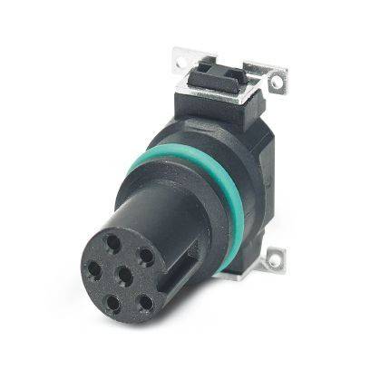 Runder schwarzer Elektrostecker mit sechspoliger weiblicher Buchse und grünem Dichtungsring auf Montageklammer.