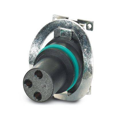 Dreipoliger kreisförmiger Elektrostecker mit schwarzem Gehäuse, grünem Dichtungsring und metallischer Befestigungshalterung.