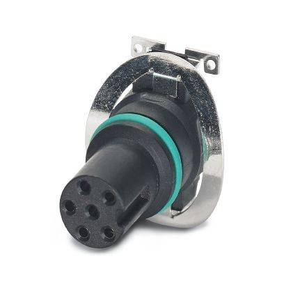 Schwarzer aufbaubarer runder Elektrostecker mit Metallmontagering und grüner Dichtung, auf weißem Hintergrund gezeigt.