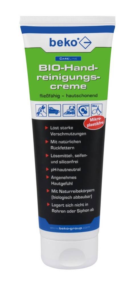Tube von beko 'BIO-Hand-reinigungs-creme' Handcreme, gekennzeichnet mit 'fleißig - hautschonend' und 'Mikro Plastikfrei'.