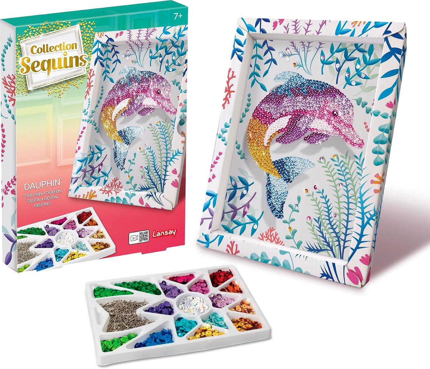 Pailletten-Kunstset mit einem Delfinmotiv auf Leinwand, mit Paillettentablett und Produktverpackung mit der Bezeichnung 