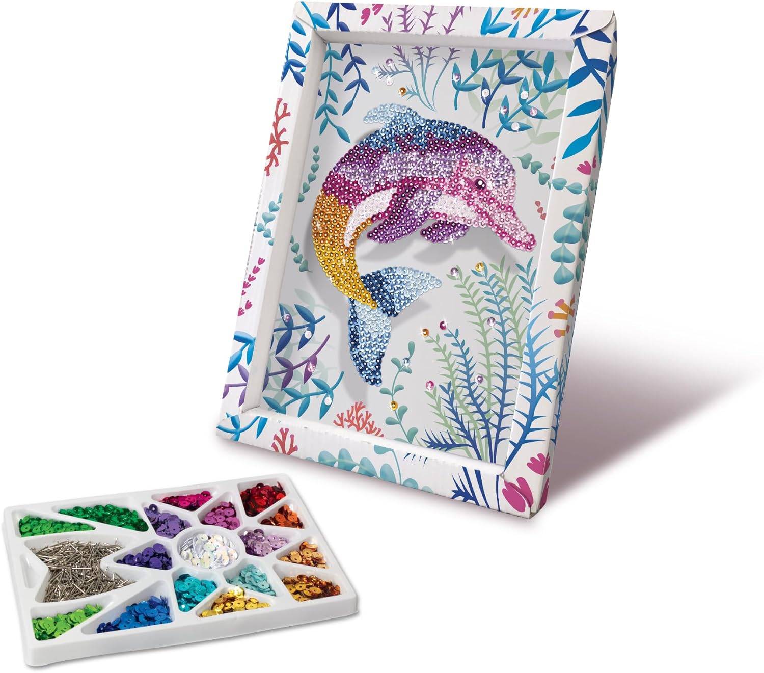 Pailletten-Delfin-Kunstset mit Behälter aus farbigen Pailletten, zeigt ein gerahmtes Delfin-Design umgeben von Wasserpflanzen.