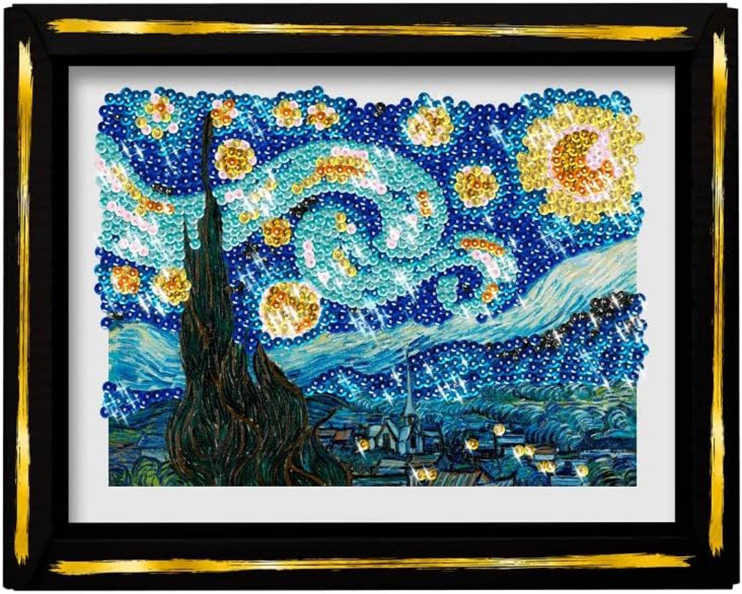 Eingerahmte Mosaikversion von Van Goghs Sternennacht, zeigt wirbelnden blauen Himmel, helle Sterne, Zypresse und Dorf darunter.