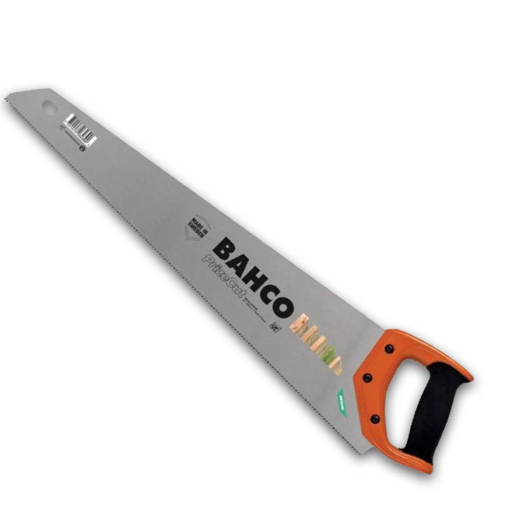 Bahco-Handsäge mit orange-schwarzem Griff und großer Stahlklinge auf weißem Hintergrund.