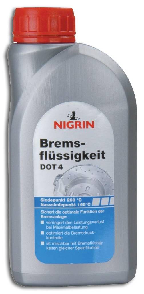 Flasche NIGRIN Bremsflüssigkeit, gekennzeichnet mit „Bremsflüssigkeit DOT 4