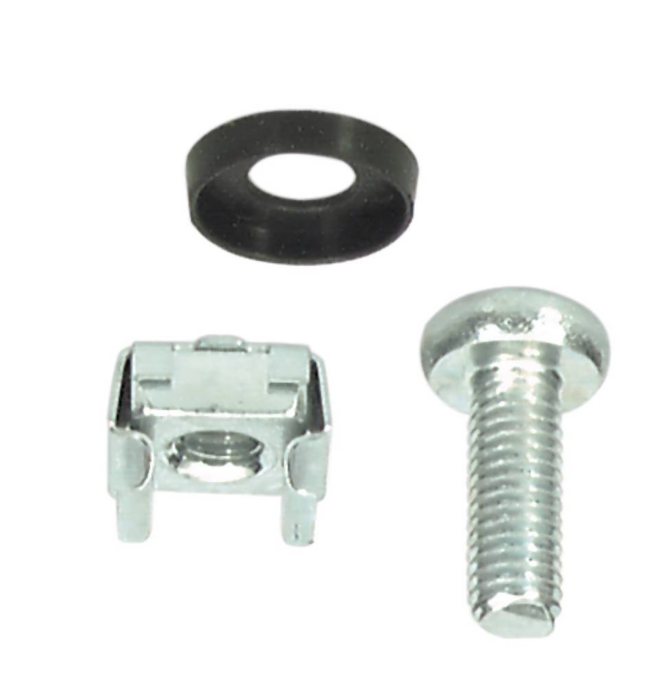 Hardware-Set mit einer schwarzen Unterlegscheibe, quadratischer T-Mutter und silberner Schraube auf weißem Hintergrund.