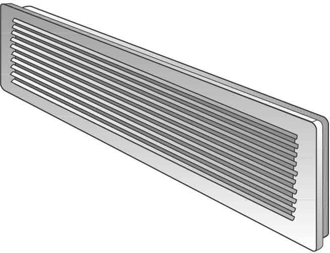 Diagramm eines rechteckigen Lüftungsgitters oder Lamellenpaneels mit vielen horizontalen Lamellen in einem gerahmten Gehäuse.