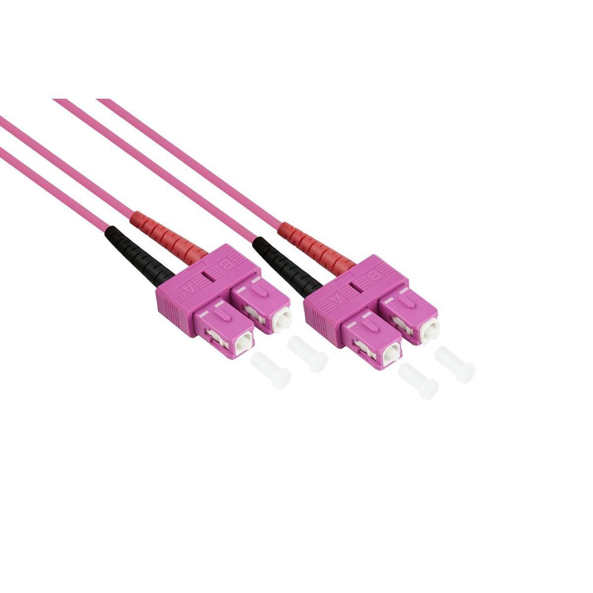 Zwei rosafarbene Lichtwellenleiter-Duplexstecker mit passenden rosa- und schwarzfarbigen Kabeln auf weißem Hintergrund, nebeneinander dargestellt.