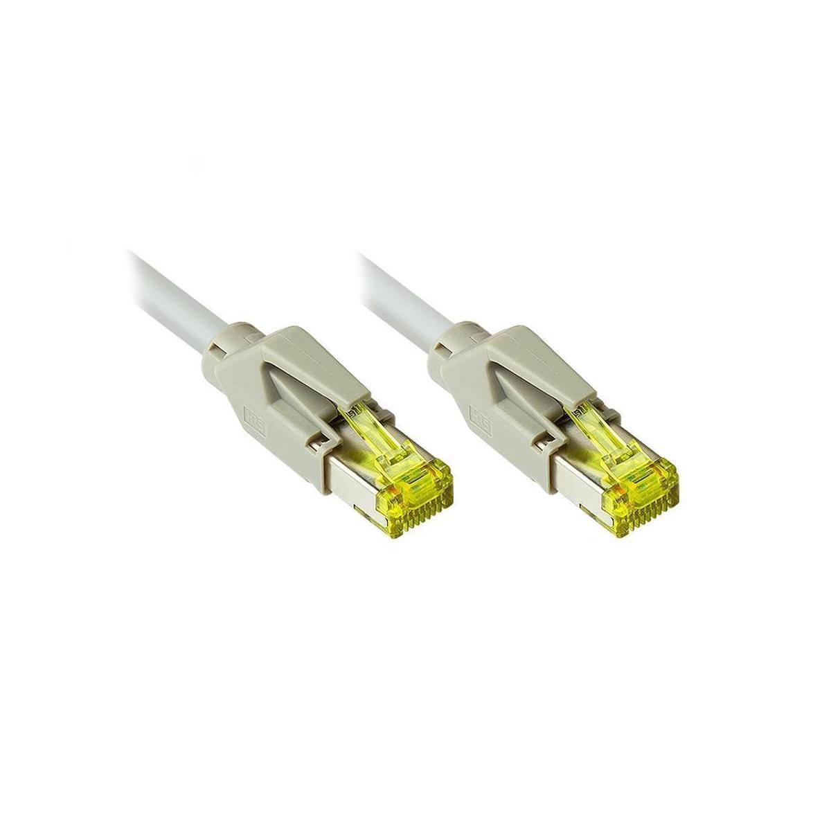 Zwei graue Ethernet-Kabel mit transparenten RJ45-Steckern, die nebeneinander auf weißem Hintergrund abgebildet sind.