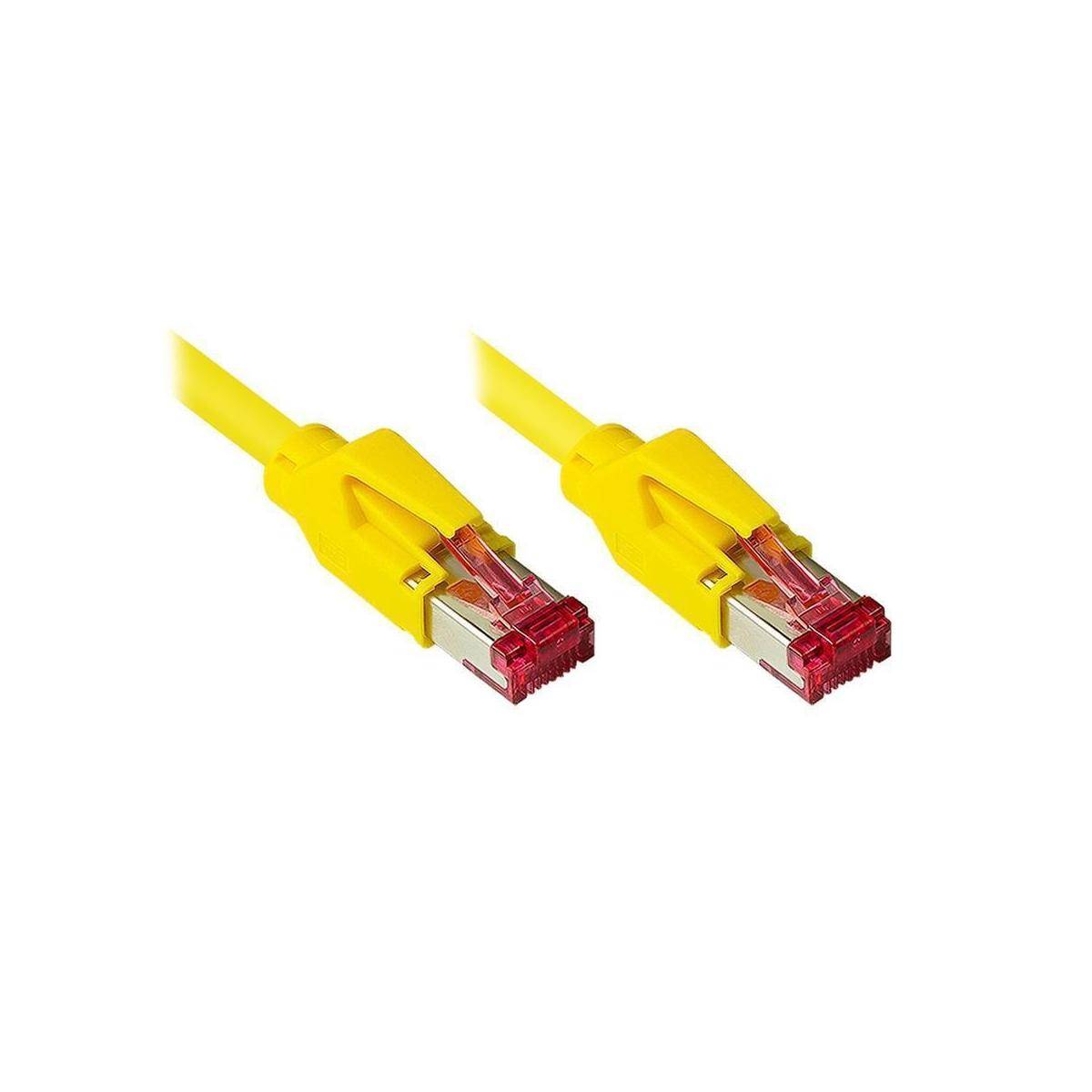 Zwei gelbe Ethernet-Kabel mit RJ45-Steckern nebeneinander auf weißem Hintergrund gezeigt.