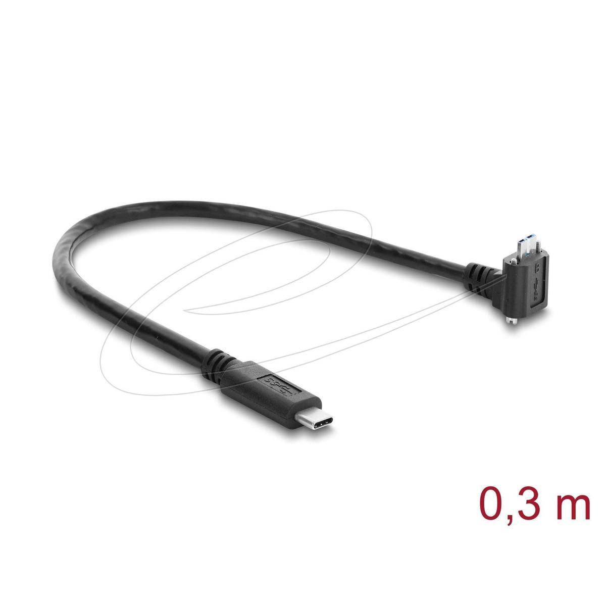 Kurzes schwarzes USB-C-Kabel mit Winkelstecker, beschriftet mit „0,3 m