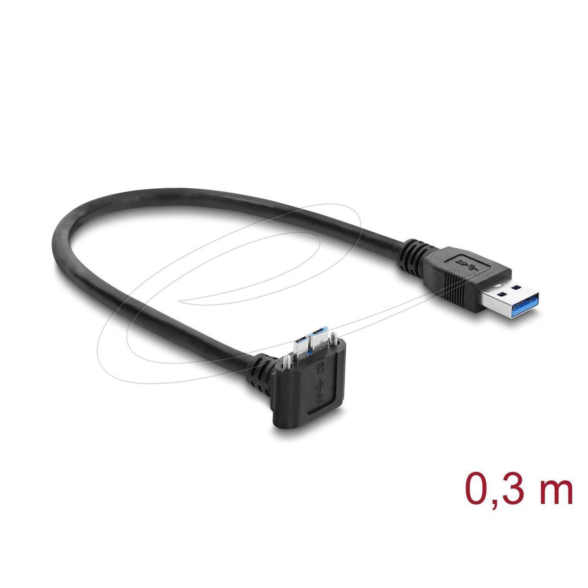 Schwarzes 0,3 m USB-Kabel mit Winkelsteckern, ein USB-A-Stecker und ein Gerätestecker, auf weißem Hintergrund dargestellt.