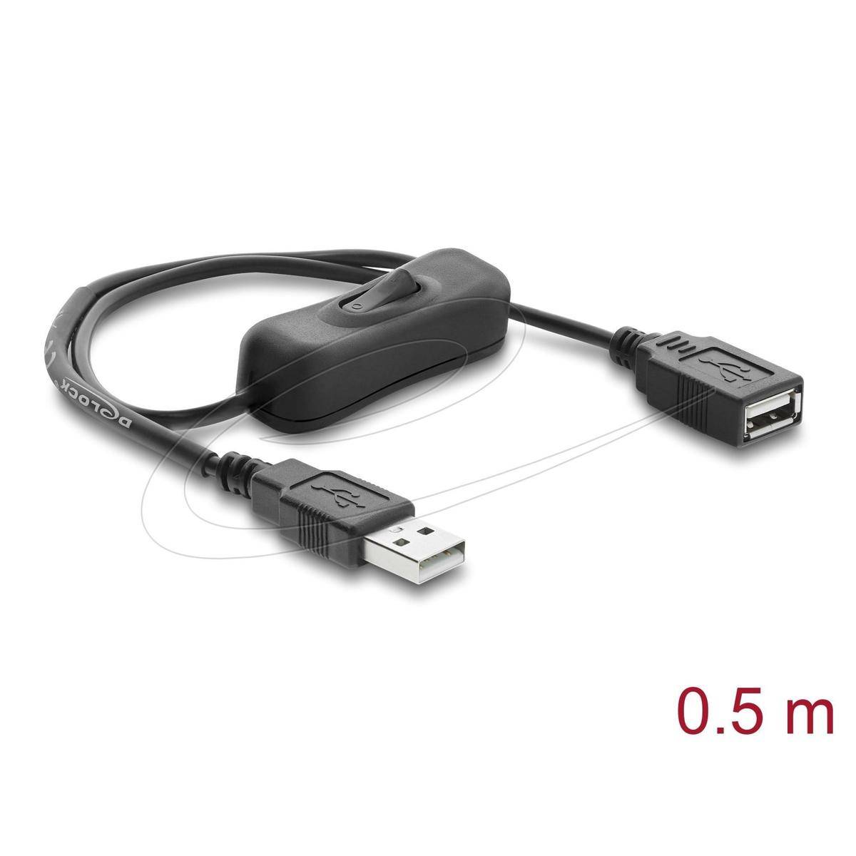 Schwarzes USB-Kabel 0,5 m mit Inline-Schalter, USB-A-Stecker und USB-A-Buchse auf weißem Hintergrund.