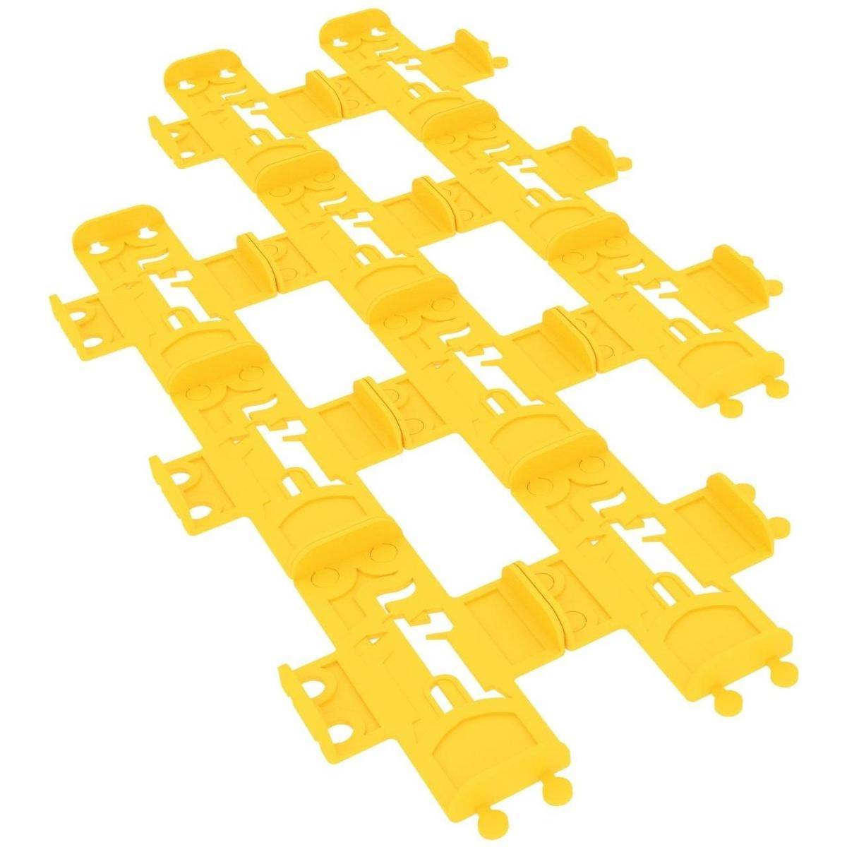 Gelbe Kunststoff-Puzzleteile mit Verzahnung, die in einem Gitter angeordnet sind und auf weißem Hintergrund ein flexibles Gitterwerk bilden.