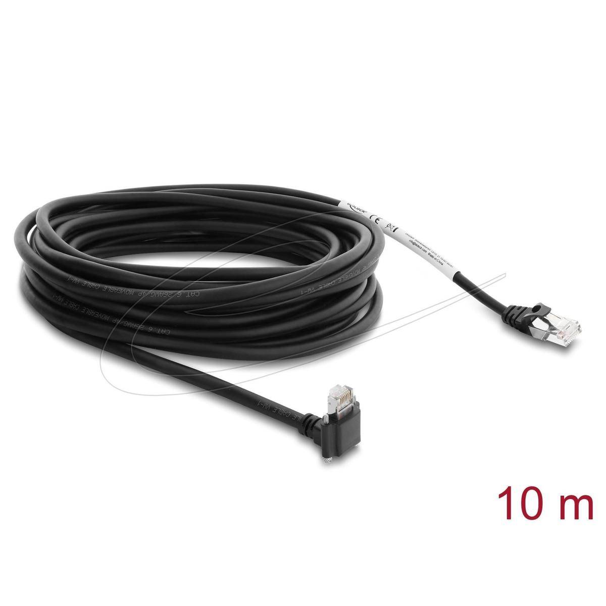 Aufgerolltes schwarzes Ethernet-Kabel mit Steckern, Beschriftung 10 m.