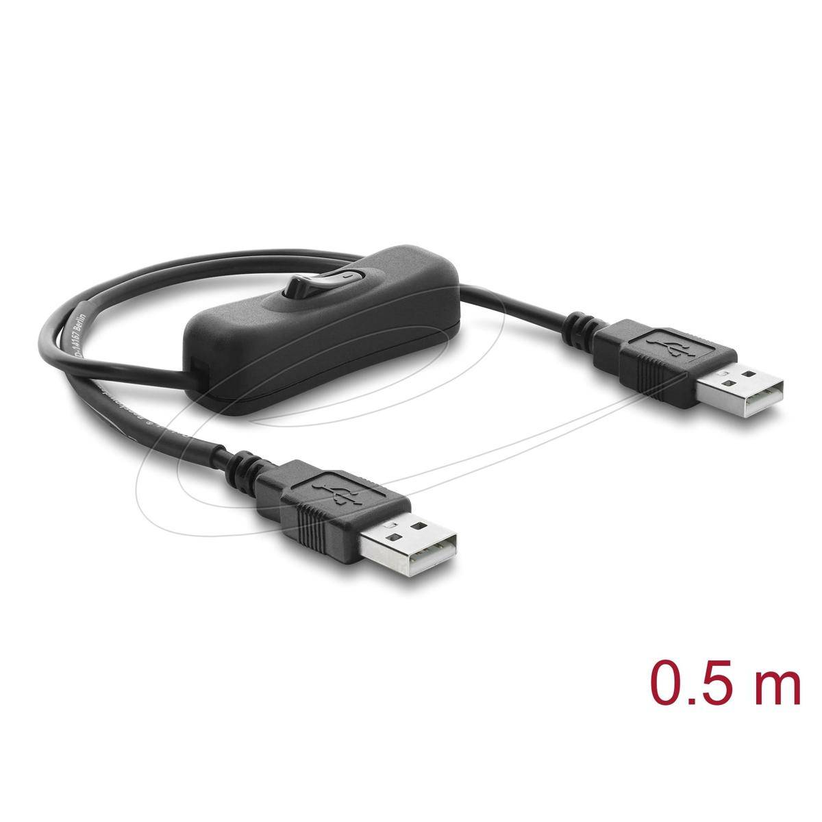 Schwarzes 0,5 m USB-Kabel mit integriertem Schalter und USB-A-Steckern auf beiden Seiten.