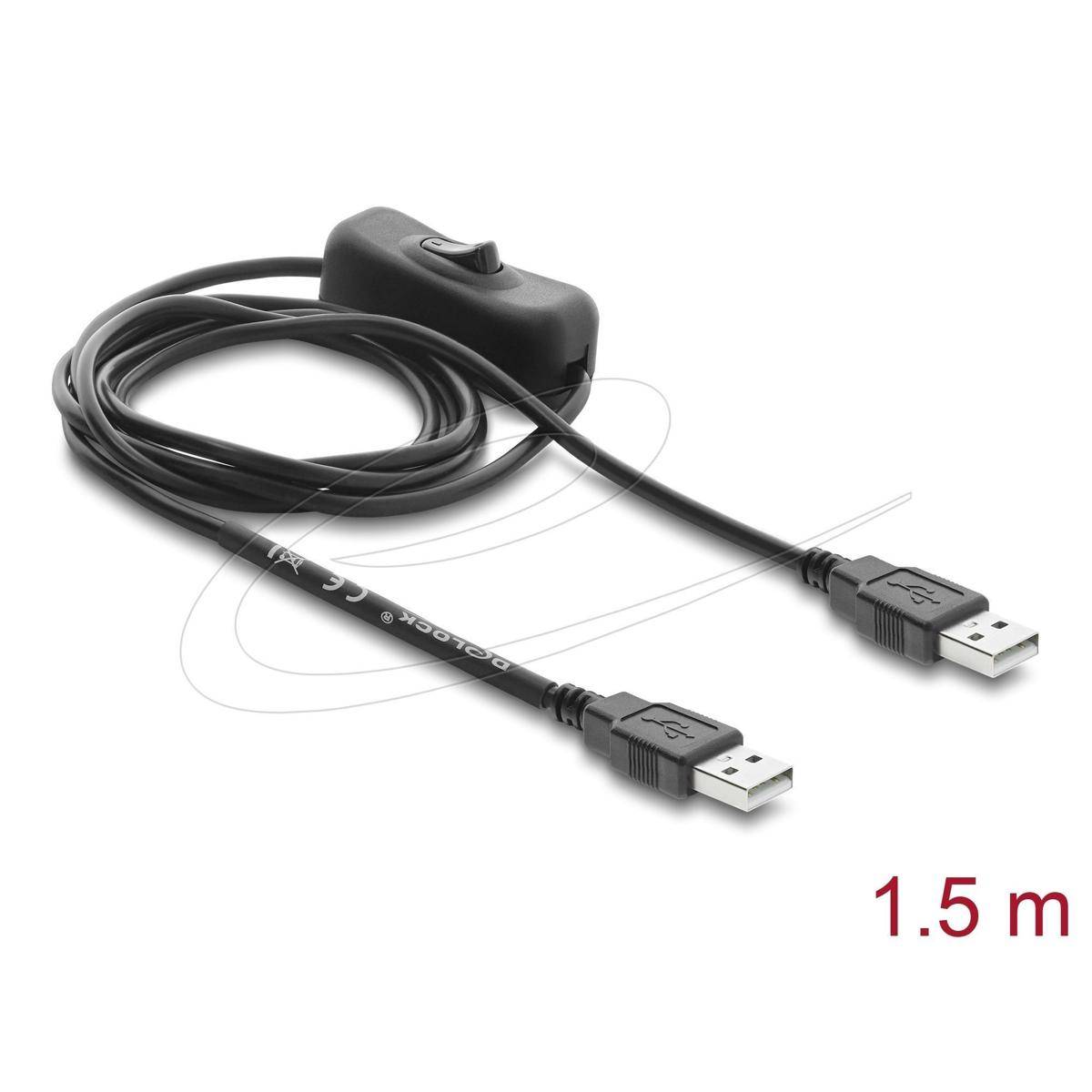 Schwarzes USB-Kabel mit Inline-Schalter, aufgerollt dargestellt und mit 1,5 m beschriftet.