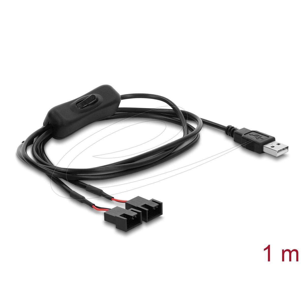 USB-Kabel mit Inline-Schalter und zwei schwarzen Steckerenden, gekennzeichnet mit 1 m.