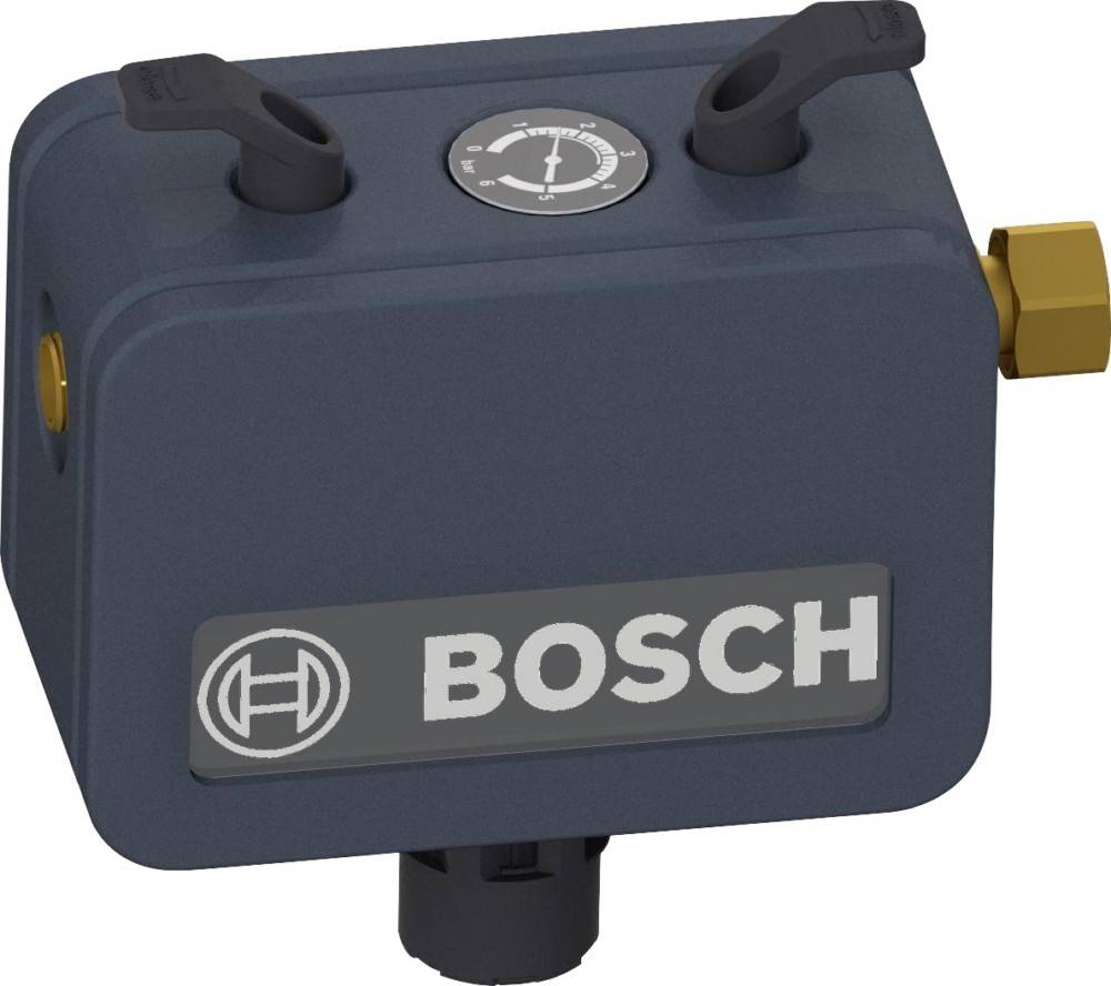 Bosch-markiertes dunkelblau mechanisches Steuerventil oder Stellglied mit zwei schwarzen Hebeln und einer seitlichen Messingarmattur, gezeigt auf weißem Hintergrund.