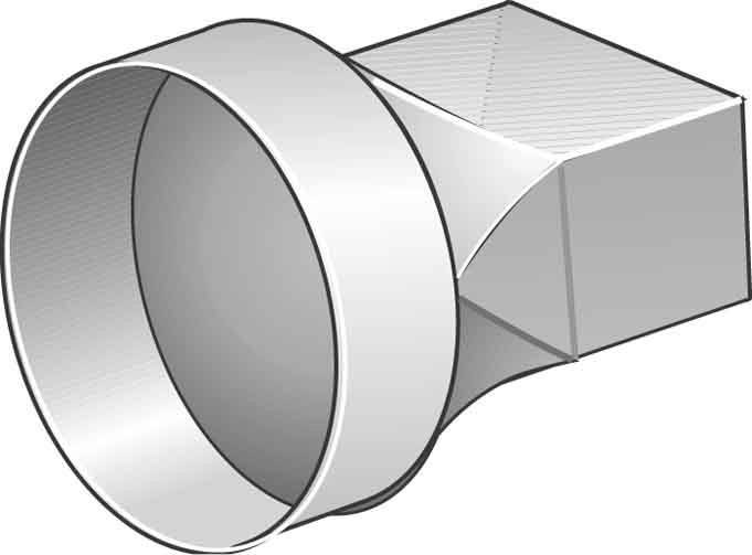 3D-Illustration einer runden-zu-rechteckigen Kanalübergangsfitting, die eine kreisförmige Öffnung zeigt, die in einen rechteckigen Auslass übergeht.