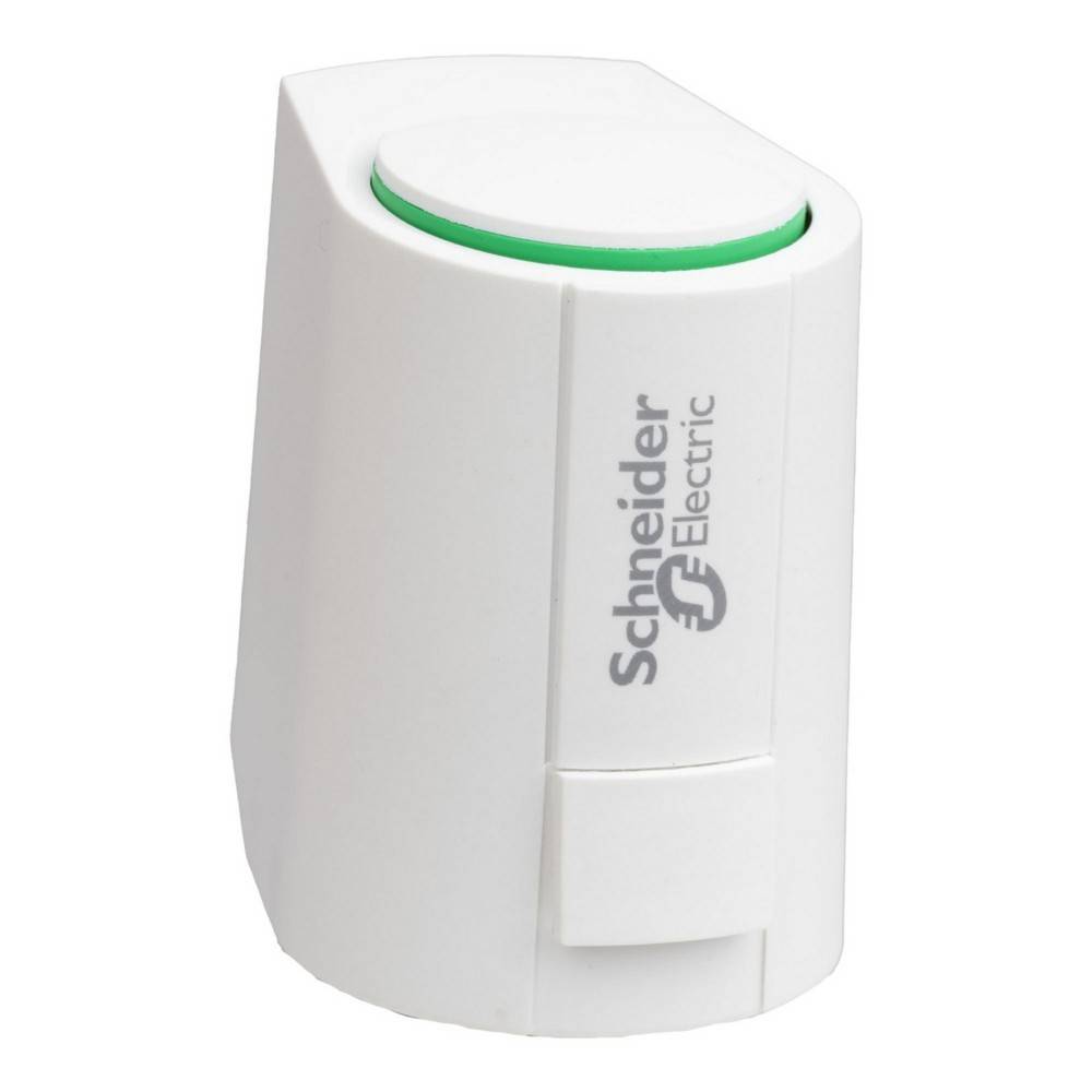 Weiß Schneider Electric wandmontiertes Gerät mit einem grünen Ring in der Nähe der Oberseite und einer kleinen Frontabdeckung, dargestellt vor einem schlichten Hintergrund.