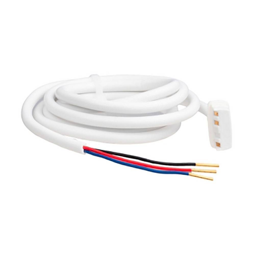 Aufgerolltes weißes Stromkabel mit einem weißen Stecker und drei freiliegenden roten, blauen und schwarzen Drähten
