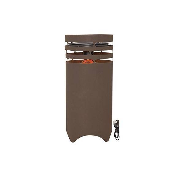 Brauner Outdoor-Terrassenheizerheizer mit sichtbarer Flamme, Frontansicht auf weißem Hintergrund.