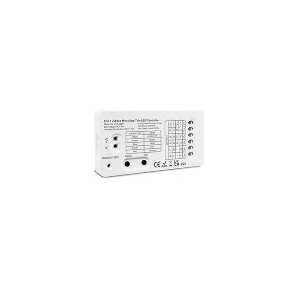 Weißes 5-in-1-Zigbee-Mini-Ultra-Dünnes-LED-Controller-Modul mit beschrifteten Anschlüssen und Einstellungen, gezeigt auf einfachem Hintergrund.