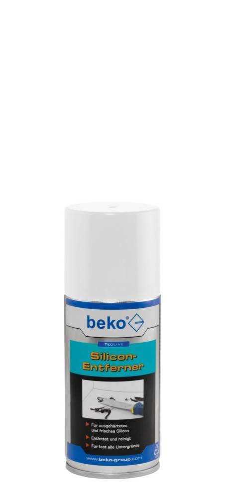 Eine Dose Beko-Silikonentferner-Spray mit weißer Kappe und blaugrauem Etikett, dargestellt auf einem einfachen weißen Hintergrund.