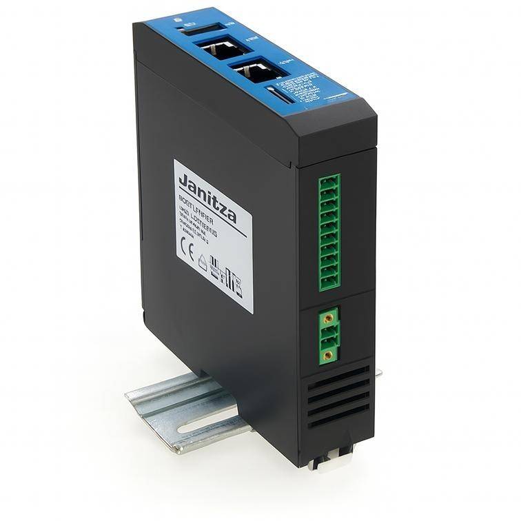 Janitza DIN-Schienen-Elektroüberwachungsmodul mit blauer Oberseite, grünen Anschlussblöcken und metallischer Befestigungshalterung auf weißem Hintergrund.