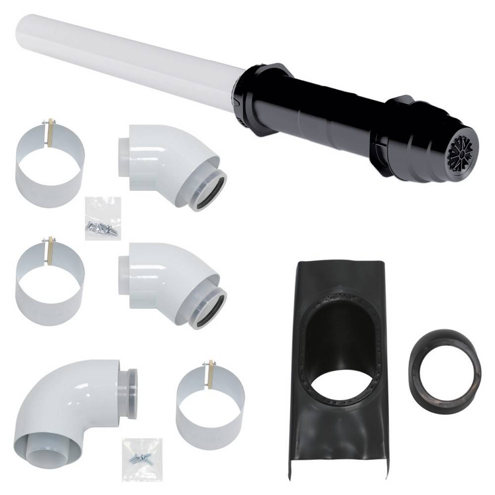 Ein Kunststoff-Lüftungsrohr-Set mit einer schwarzen Wandkappe, weißen Rohrabschnitten, Bogenfittings, runden Schellen und Schrauben, angeordnet auf weißem Hintergrund.