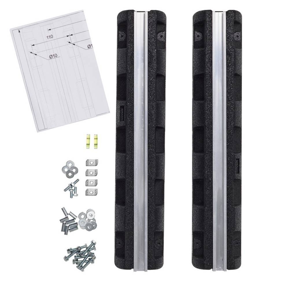 Zwei schwarze Fahrrrad-Bremsbeläge mit silbernen Mittelstreifen, dargestellt mit einem Montagediagramm und verschiedenen Hardwareteilen auf weißem Hintergrund.