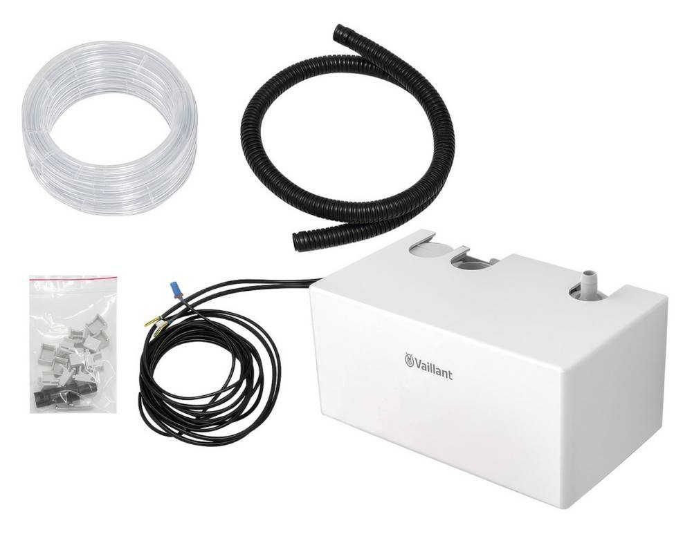 Vaillant Brenner-Zubehörset mit weißer Einheit, transparentem Schlauch, schwarzem Wellschlauch, Kabel und kleinem Zubehörbeutel.