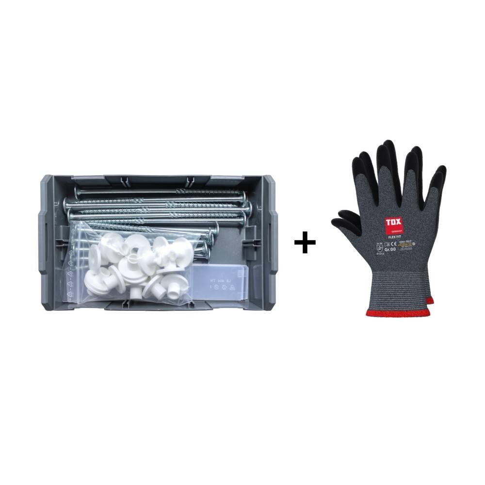 Hardware-Set mit Schrauben und Dübeln in einer Aufbewahrungsbox plus einem einzelnen Schutzarbeitshandschuh, dargestellt mit einem Pluszeichen dazwischen.