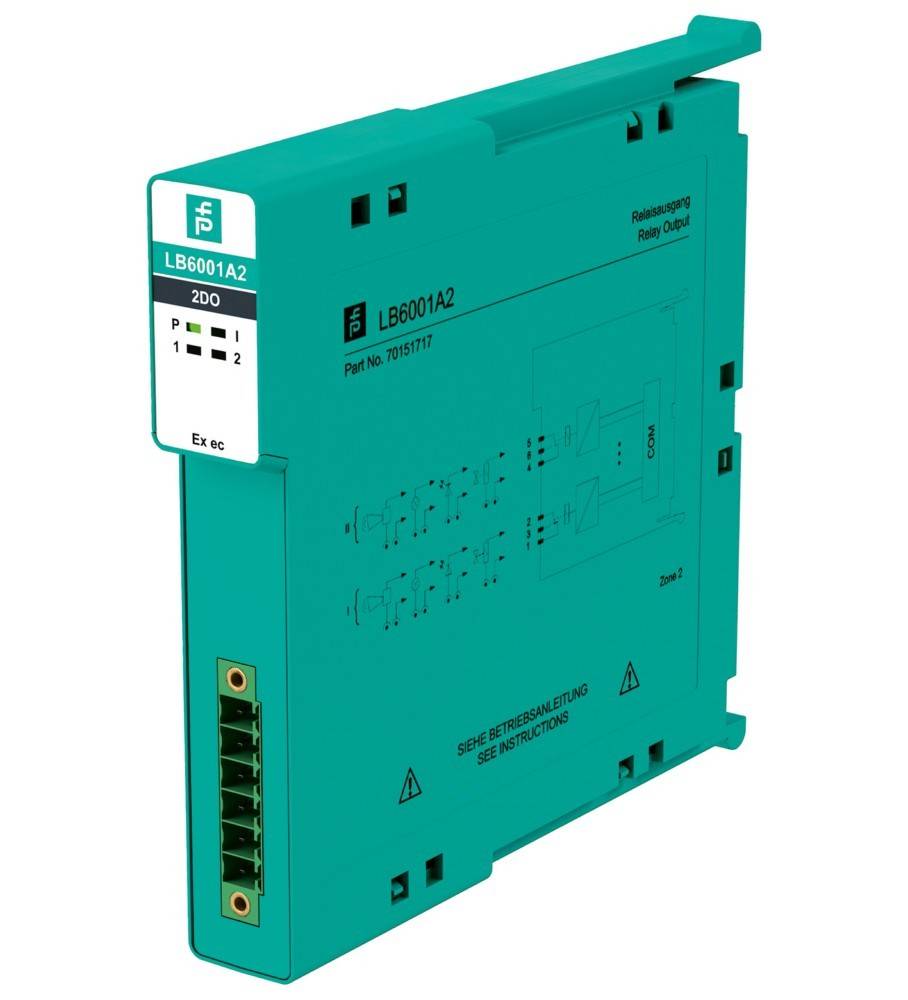 Teales industrielles elektronisches Modul mit der Bezeichnung LB6001A2, eine Relaisausgabeeinheit mit Anschlussverbindern und Schaltplanmarkierungen.