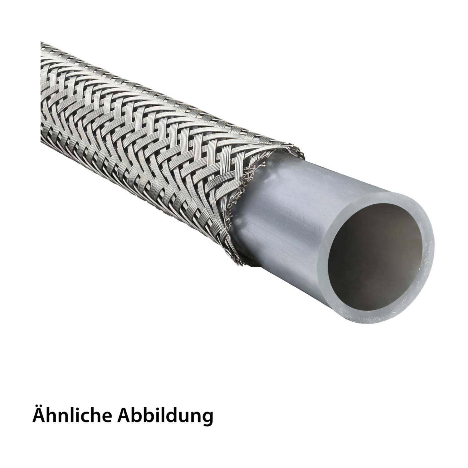 Geflochtener Metallmantel-grauer Rohr- oder Schlauchverbinder auf weißem Hintergrund, mit dem Etikett „Ähnliche Abbildung