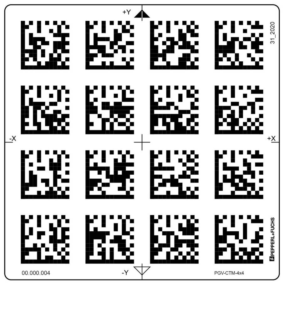 Ein 4x4-Kalibrierungsziel mit 16 schwarzen quadratischen Markern auf einem weißen Gitter, beschriftet mit +X, -X, +Y und -Y Achsen.