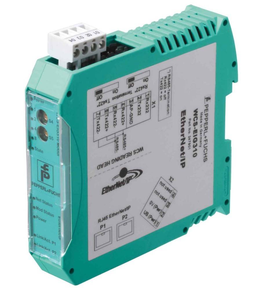 Ein türkisfarbenes Pepperl+Fuchs EtherNet/IP Industriemodul mit Schraubklemmen und Statusleuchten, dargestellt in Dreiviertelsicht auf weißem Hintergrund.
