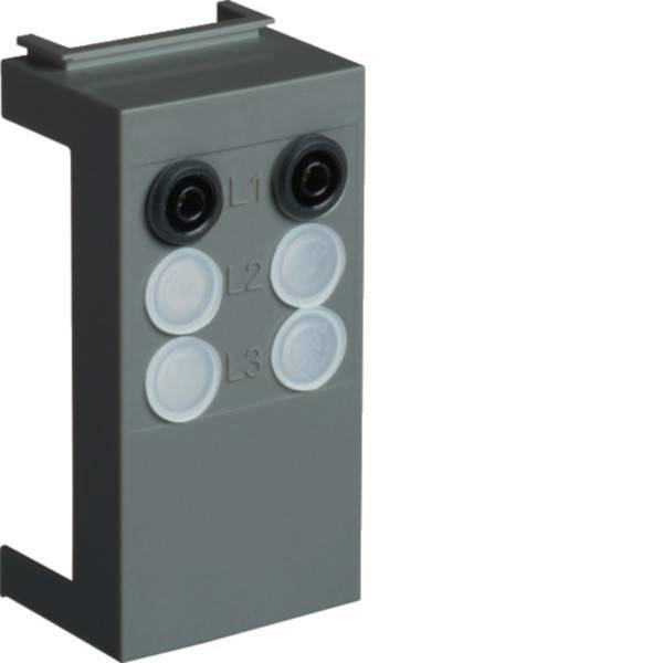 Graues Elektrosteckverbindermodul mit zwei schwarzen und vier weißen Rundsteckverbindern, an der Vorderseite mit L1, L2 und L3 gekennzeichnet.