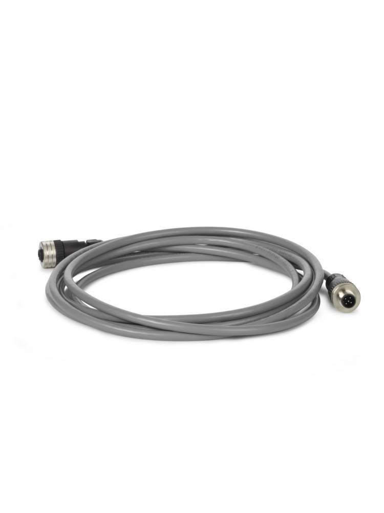 Aufgerolltes graues Kabel mit Metallsteckern an beiden Enden, dargestellt auf weißem Hintergrund.