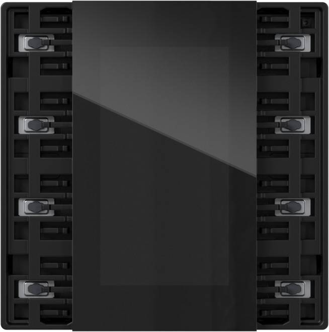 Schwarzes rechteckiges elektronisches Gerät von vorne mit einem reflektierenden Mittelpaneel und symmetrischen Seitenklemmen, isoliert auf hellem Hintergrund dargestellt.