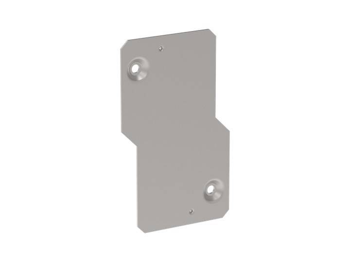 Graue Metallmontageplatte mit zwei Senklöchern und einer gestuften rechteckigen Form auf weißem Hintergrund.