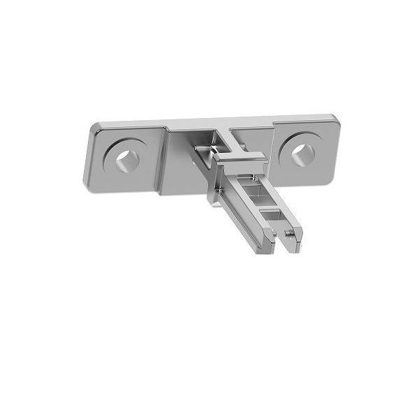 Nahaufnahme eines glänzenden Metallscharniers oder einer Verschlussbracke mit zwei Befestigungsplatten und einem zentralen Schiebearm, isoliert auf weißem Hintergrund.