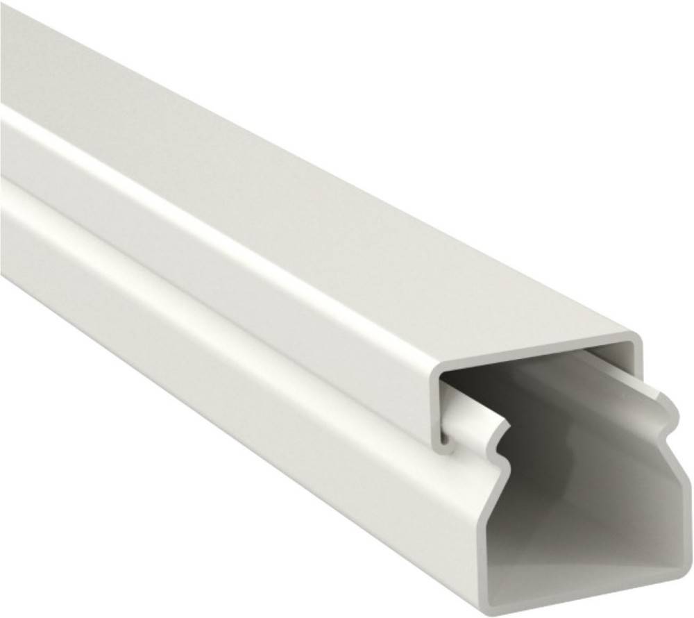 Weiße PVC-Kabelkanal in Perspektive dargestellt, mit offener Schlitzabdeckung und hohlem Innenraum zum Verbergen von Verkabelung.