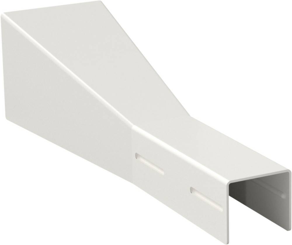 Eckverbinder für Metallkabelrinne aus Weißmetall mit abgewinkeltem Übergangsteil und offenem rechteckigem Ende.