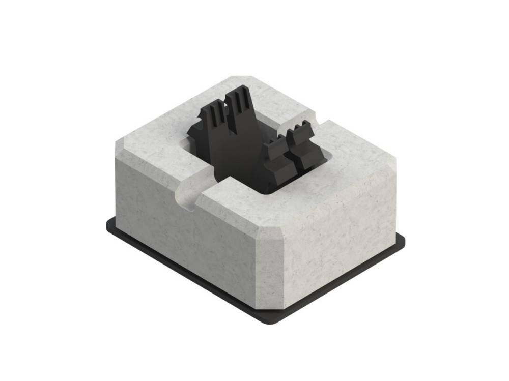 Ein graues rechteckiges Elektrostecker-Gehäuse mit einem schwarzen Kunststoff-Buchseneinsatz auf einer Basis, in 3D auf weißem Hintergrund dargestellt.