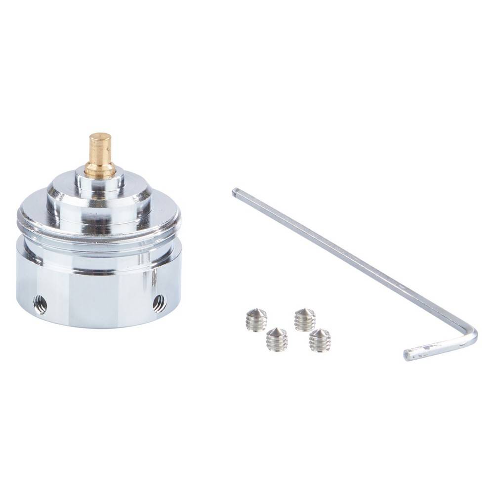 Chrom-Wasserhahn-Perlatoren-Set mit zylindrischen Metallteil, langem Inbusschlüssel und vier kleinen Stellschrauben auf weißem Hintergrund.