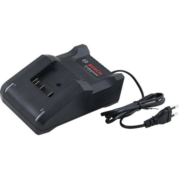 Bosch-Batterieladegerät mit Kabel und zweipoliger Steckdose auf weißem Hintergrund.