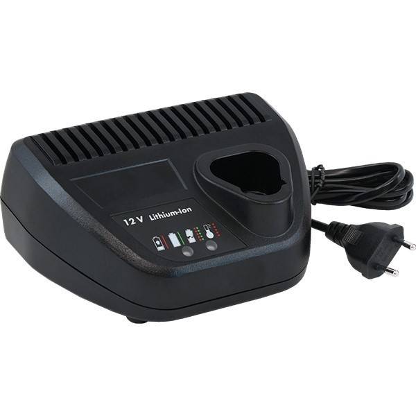 12V-Lithium-Ionen-Batterieladegerät mit Ladeschacht, Statusanzeigelichtern und angeschlossenem Stromkabel und Stecker auf weißem Hintergrund